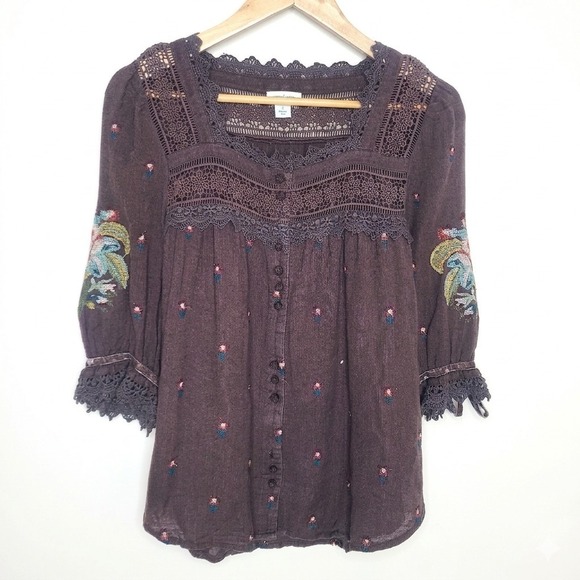 Sundance Tops - Sundance Brown Square Neck Lacy Embroidered Linen Blend Top Blouse Boho Small‎